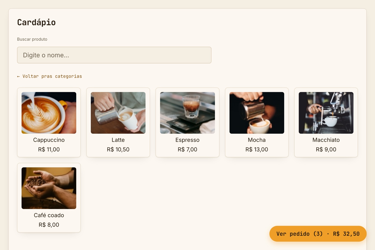 Tela real do Caixa do CaféOS: cardápio com fotos dos produtos, preços e o pedido em andamento